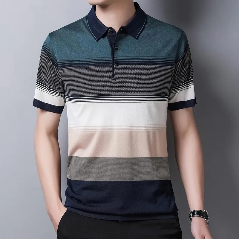 2023 Brand Short Sleeve Polo Tee Shirt Men Casual Summer Striped