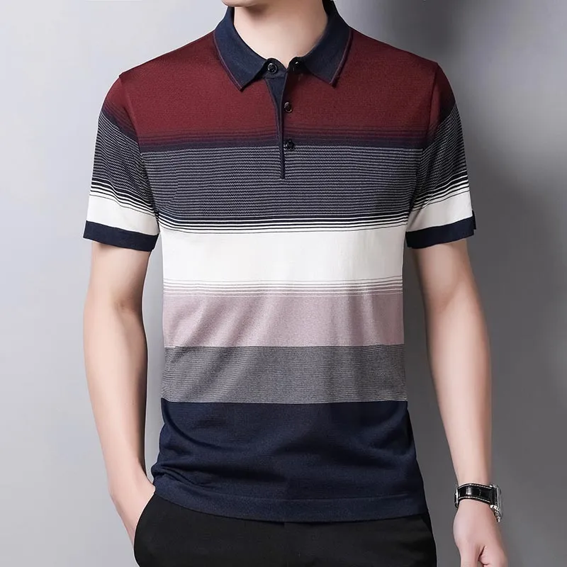2023 Brand Short Sleeve Polo Tee Shirt Men Casual Summer Striped