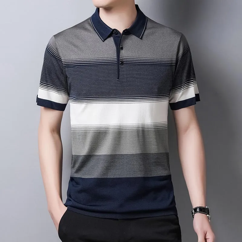 2023 Brand Short Sleeve Polo Tee Shirt Men Casual Summer Striped