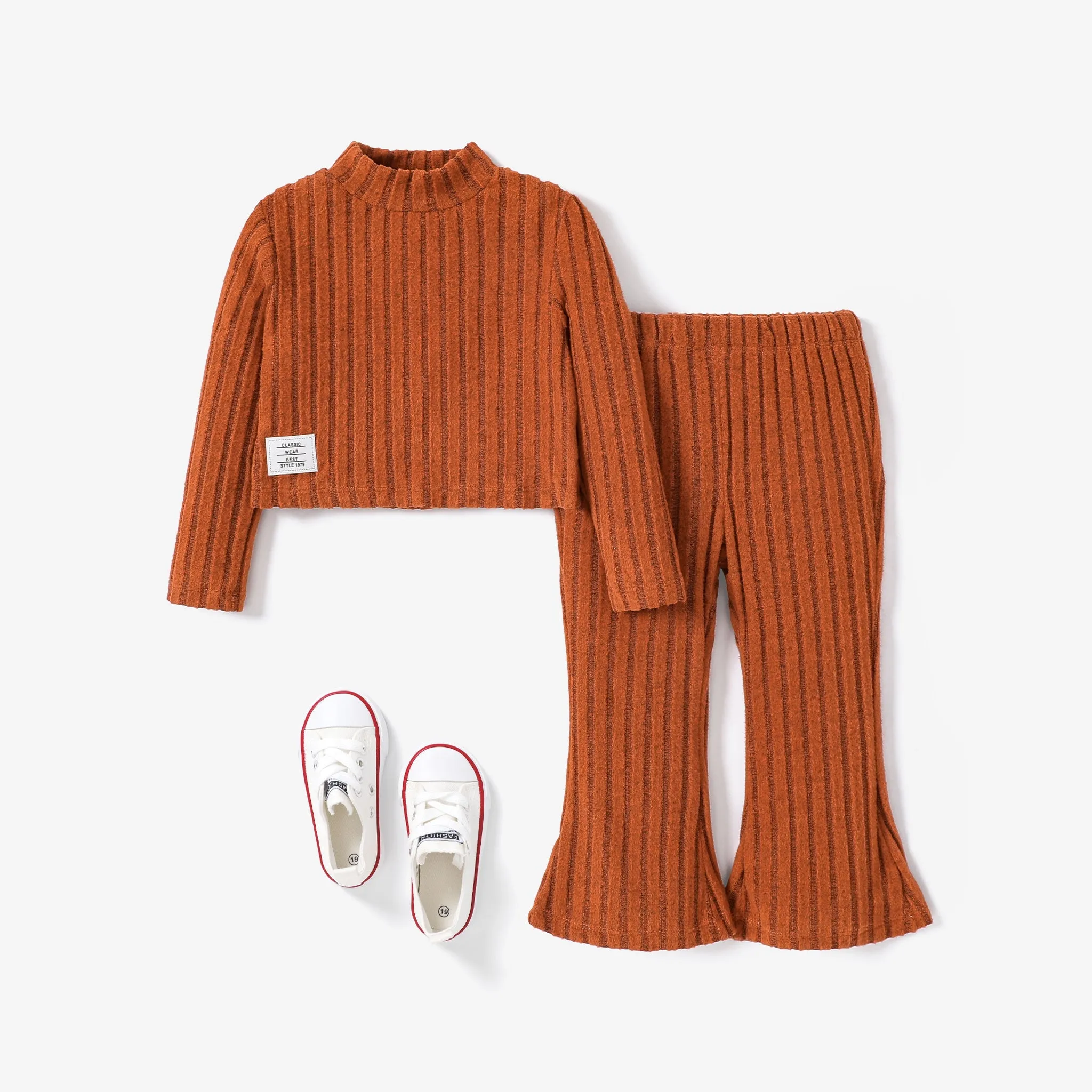 2pcs Toddler Girl's Solid Color Stand Collar Tshirt and Flares Set
