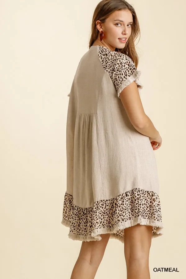 Animal Print Short Sleeve Ruffle Trim Frayed Edges Dress