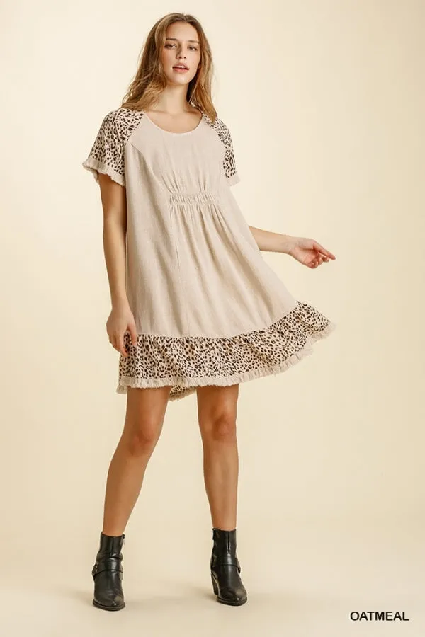 Animal Print Short Sleeve Ruffle Trim Frayed Edges Dress