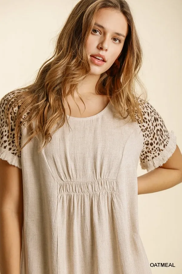 Animal Print Short Sleeve Ruffle Trim Frayed Edges Dress