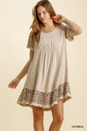Animal Print Short Sleeve Ruffle Trim Frayed Edges Dress
