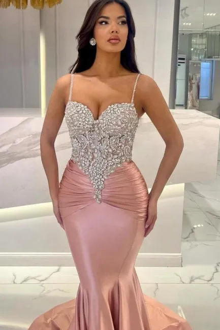 Attractive Long Mermaid Spaghetti Straps Lace Prom Dress with Train