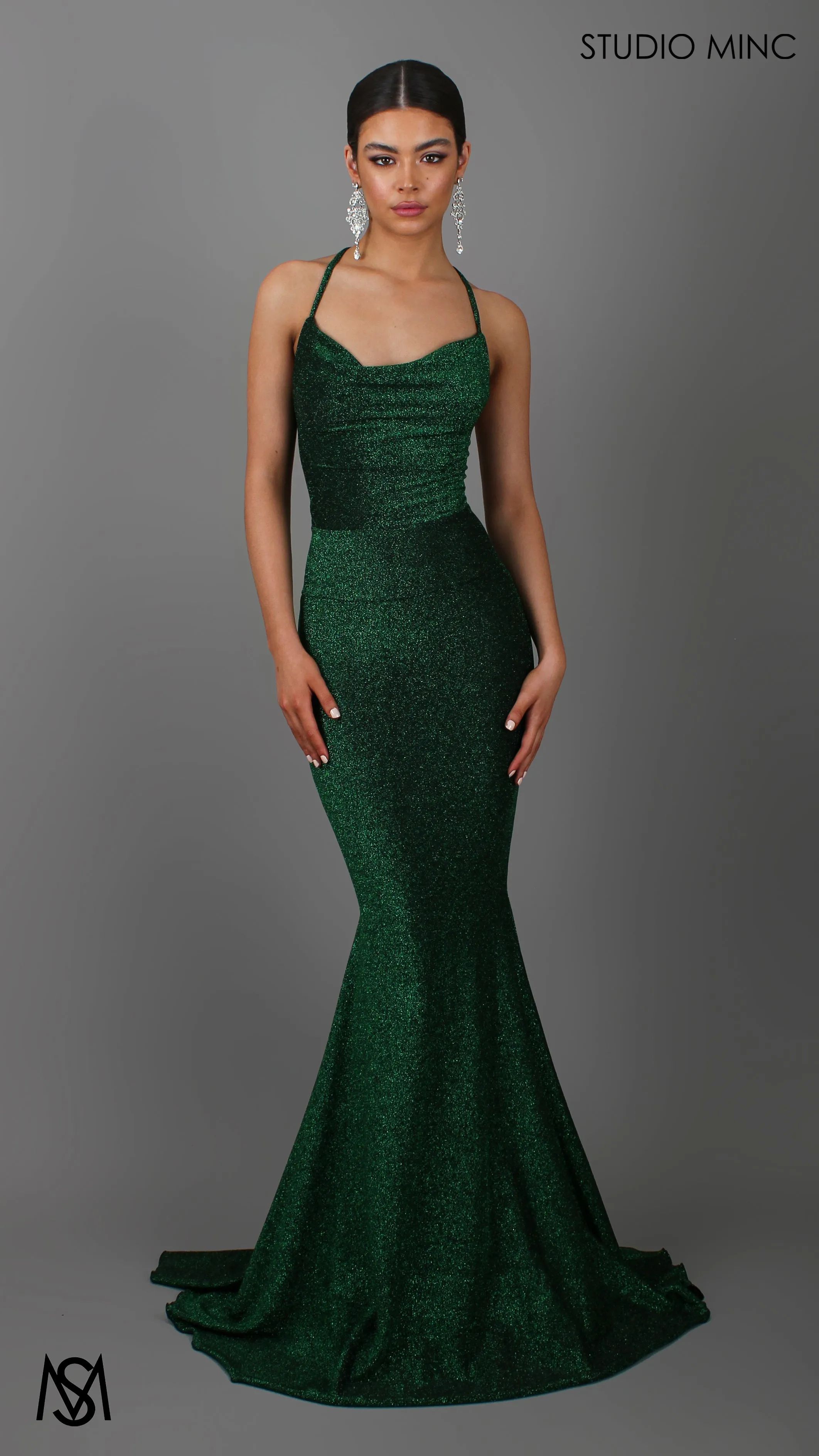 AURA - Emerald Green Shimmer Figure Flattering Formal Dress with Cowl Neckline