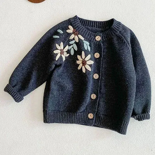 Baby Girls Long Sleeves Floral Embroidery Knitted Cardigans
