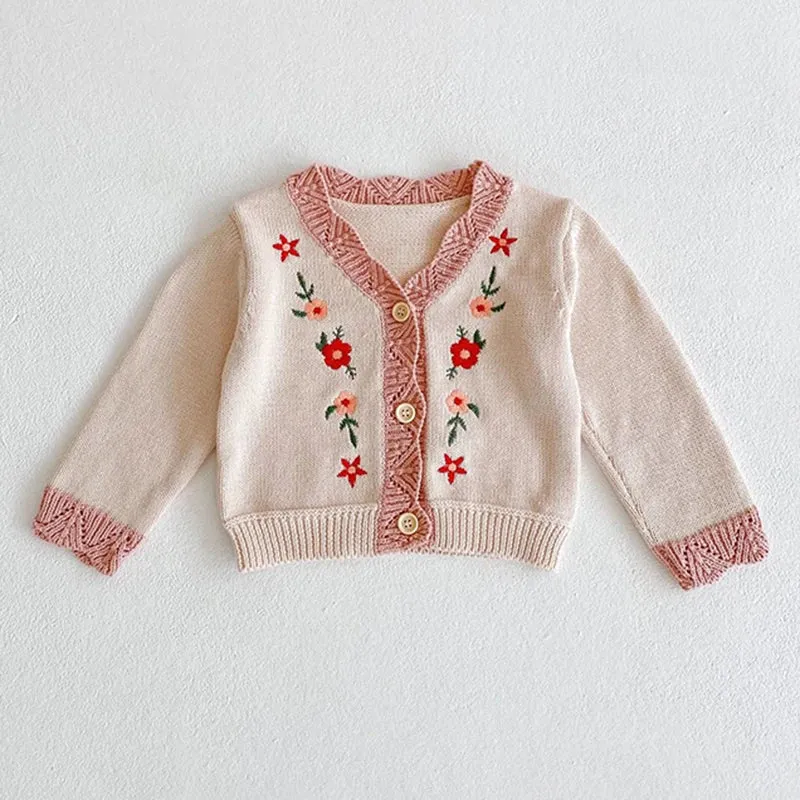 Baby Girls Long Sleeves Floral Embroidery Knitted Cardigans
