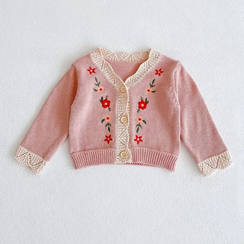 Baby Girls Long Sleeves Floral Embroidery Knitted Cardigans