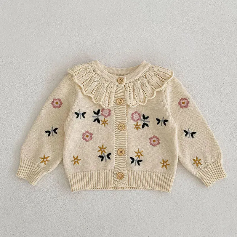 Baby Girls Long Sleeves Floral Embroidery Knitted Cardigans