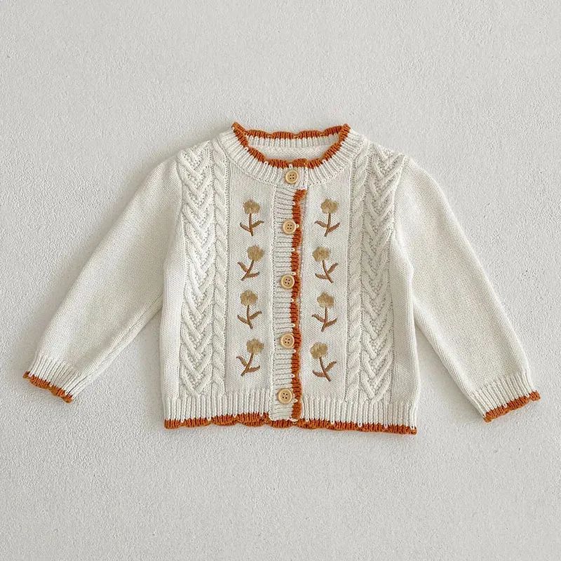 Baby Girls Long Sleeves Floral Embroidery Knitted Cardigans