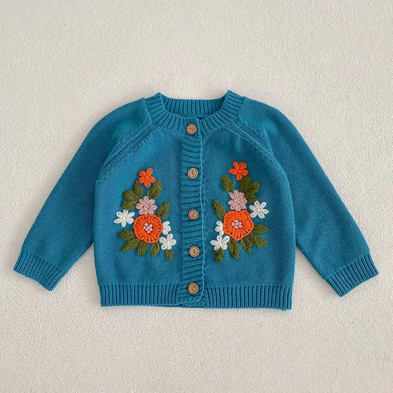 Baby Girls Long Sleeves Floral Embroidery Knitted Cardigans