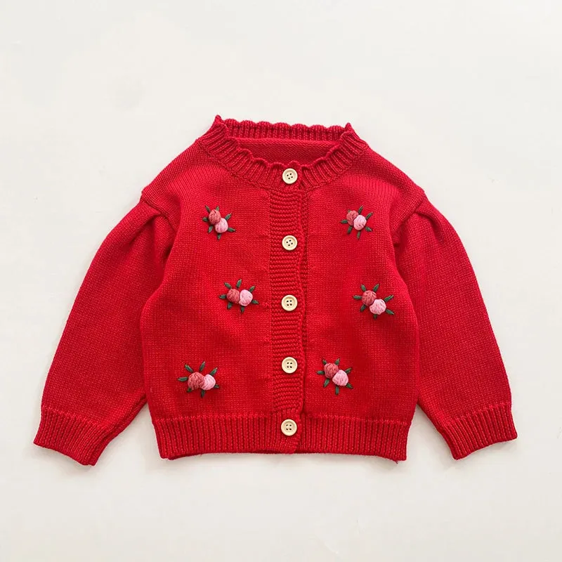 Baby Girls Long Sleeves Floral Embroidery Knitted Cardigans