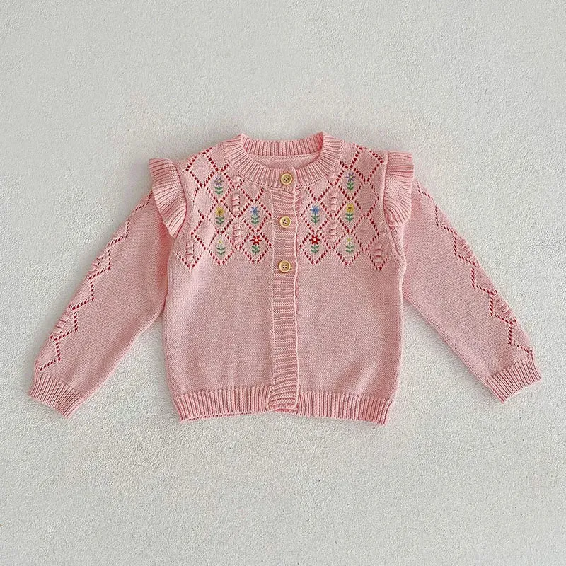 Baby Girls Long Sleeves Floral Embroidery Knitted Cardigans