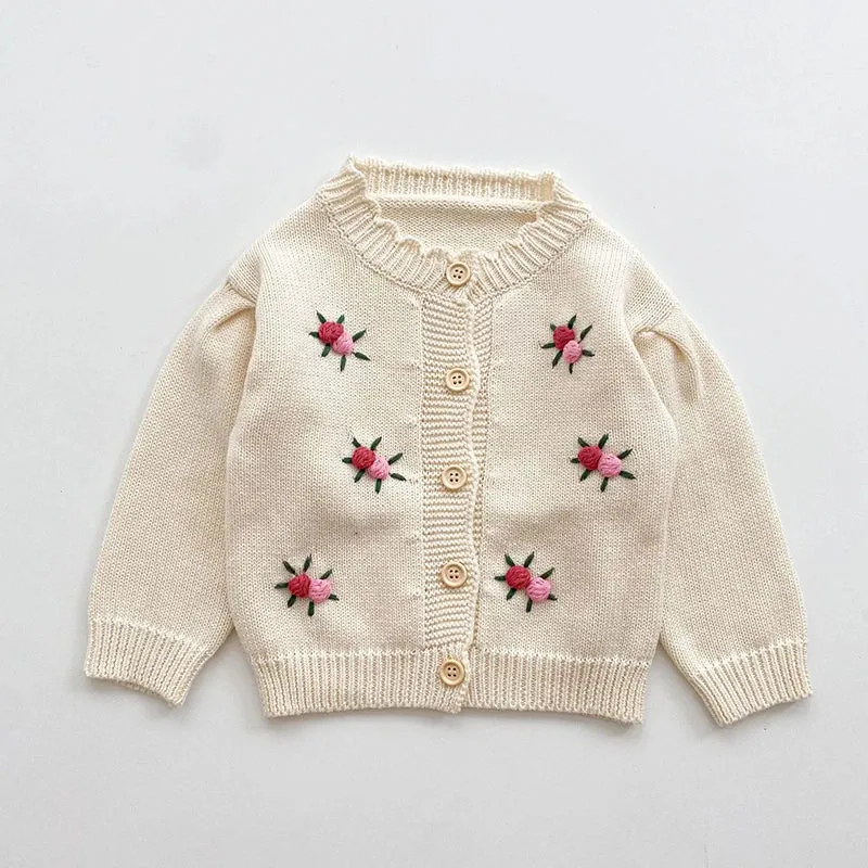 Baby Girls Long Sleeves Floral Embroidery Knitted Cardigans