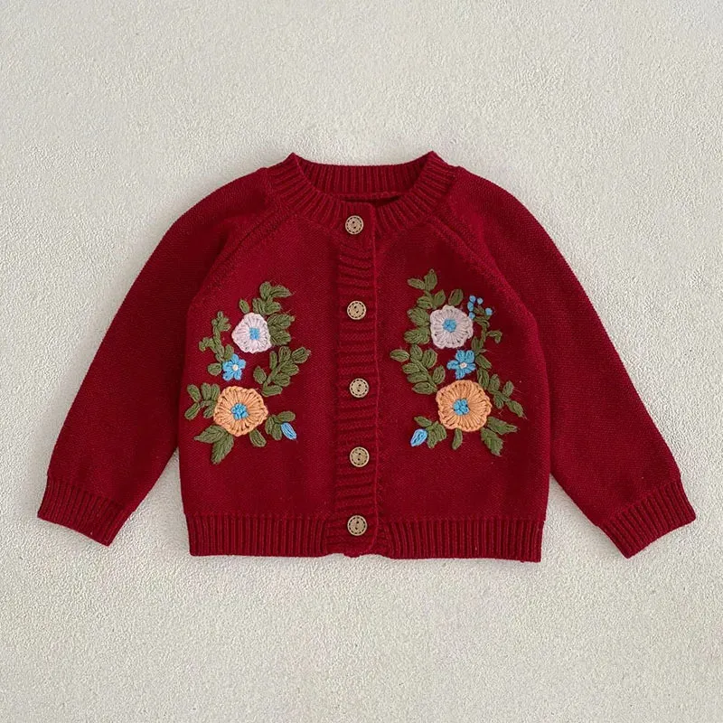 Baby Girls Long Sleeves Floral Embroidery Knitted Cardigans
