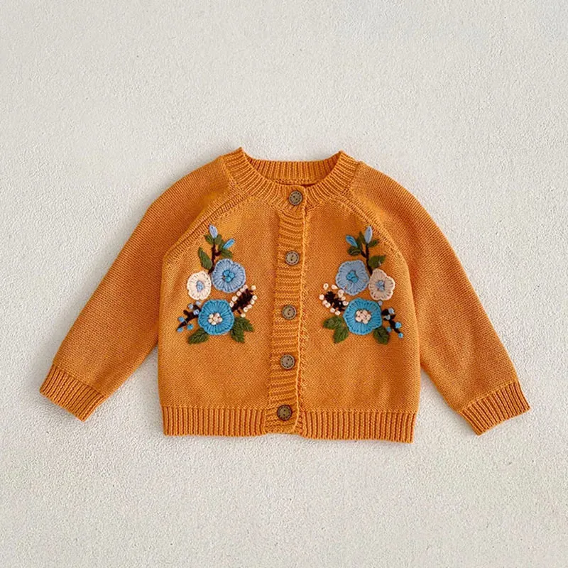 Baby Girls Long Sleeves Floral Embroidery Knitted Cardigans