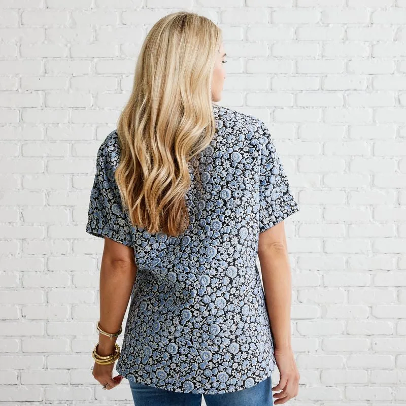 Betsy Jacquard Floral Top- Powder/Navy