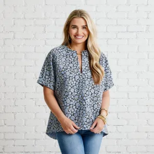 Betsy Jacquard Floral Top- Powder/Navy