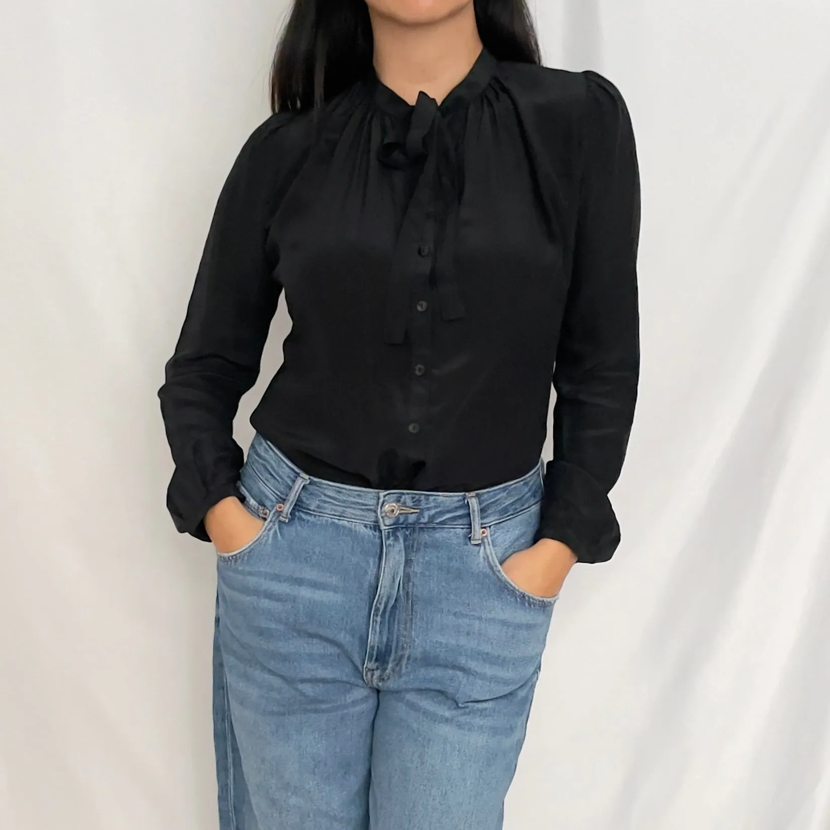 Black Bow Tie Silk Blouse