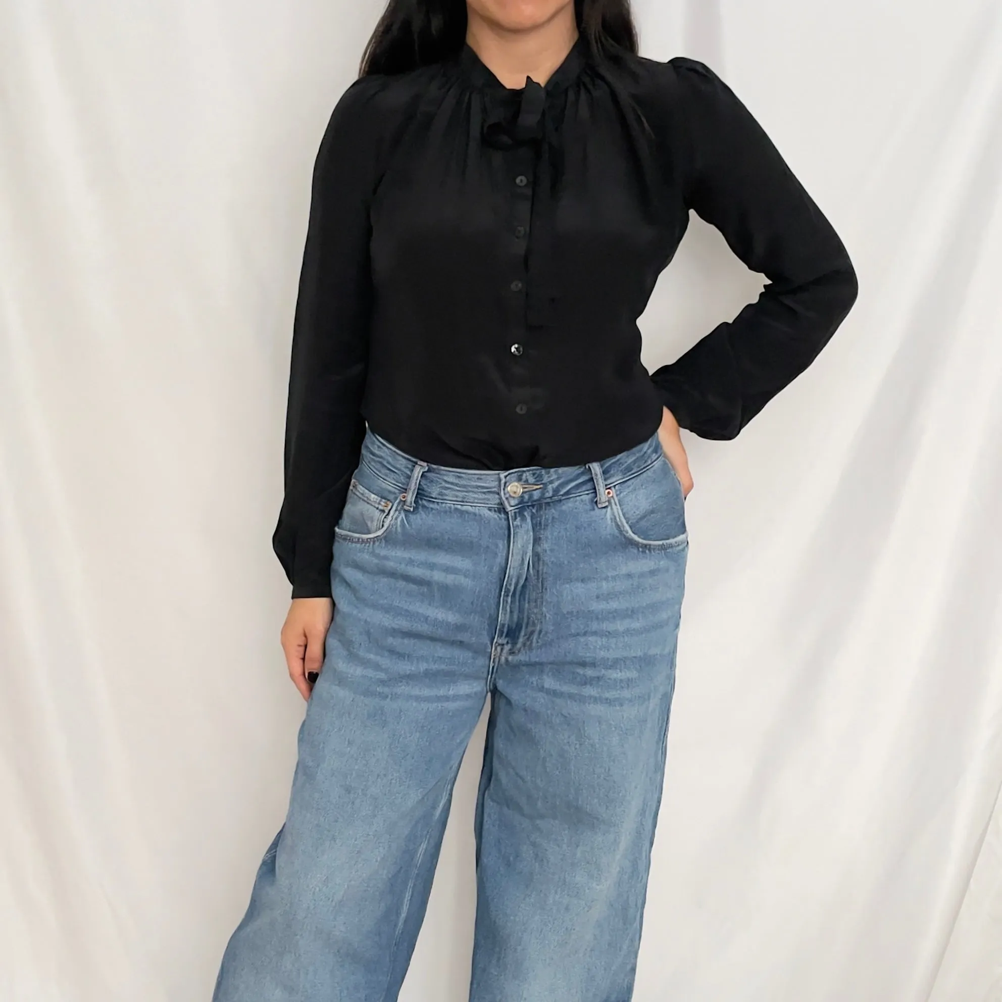 Black Bow Tie Silk Blouse