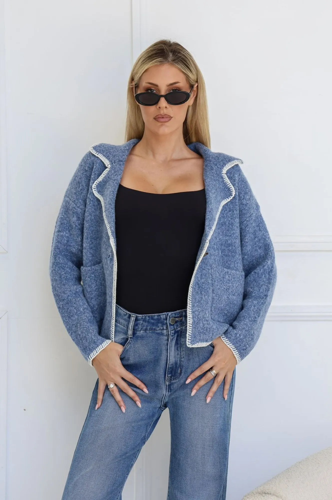 Blanket Stitch Short Jacket - Denim