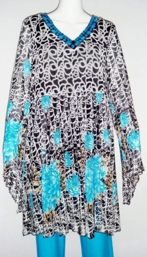 Blue Floral Lacey Tunic Set