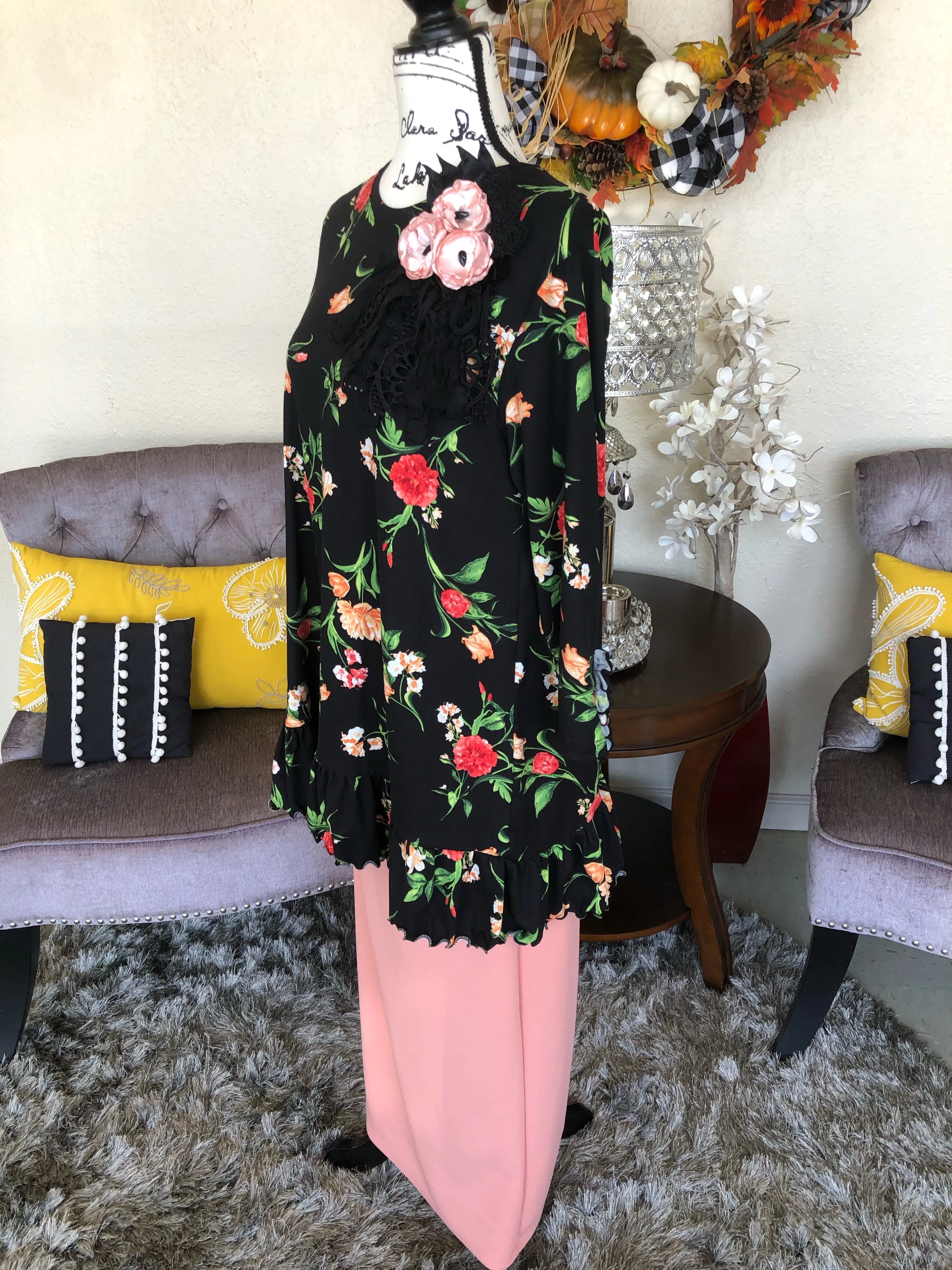 Brooke Black Autumn Floral Tunic Top