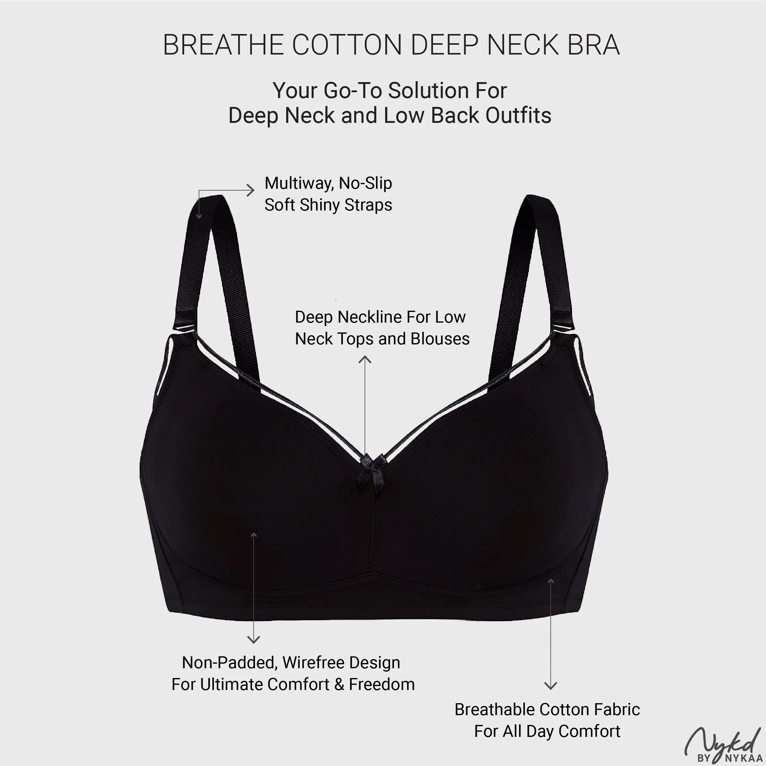 Cotton Deep Neck Non Padded Non Wired Bra with Low Back-NYB391-Black