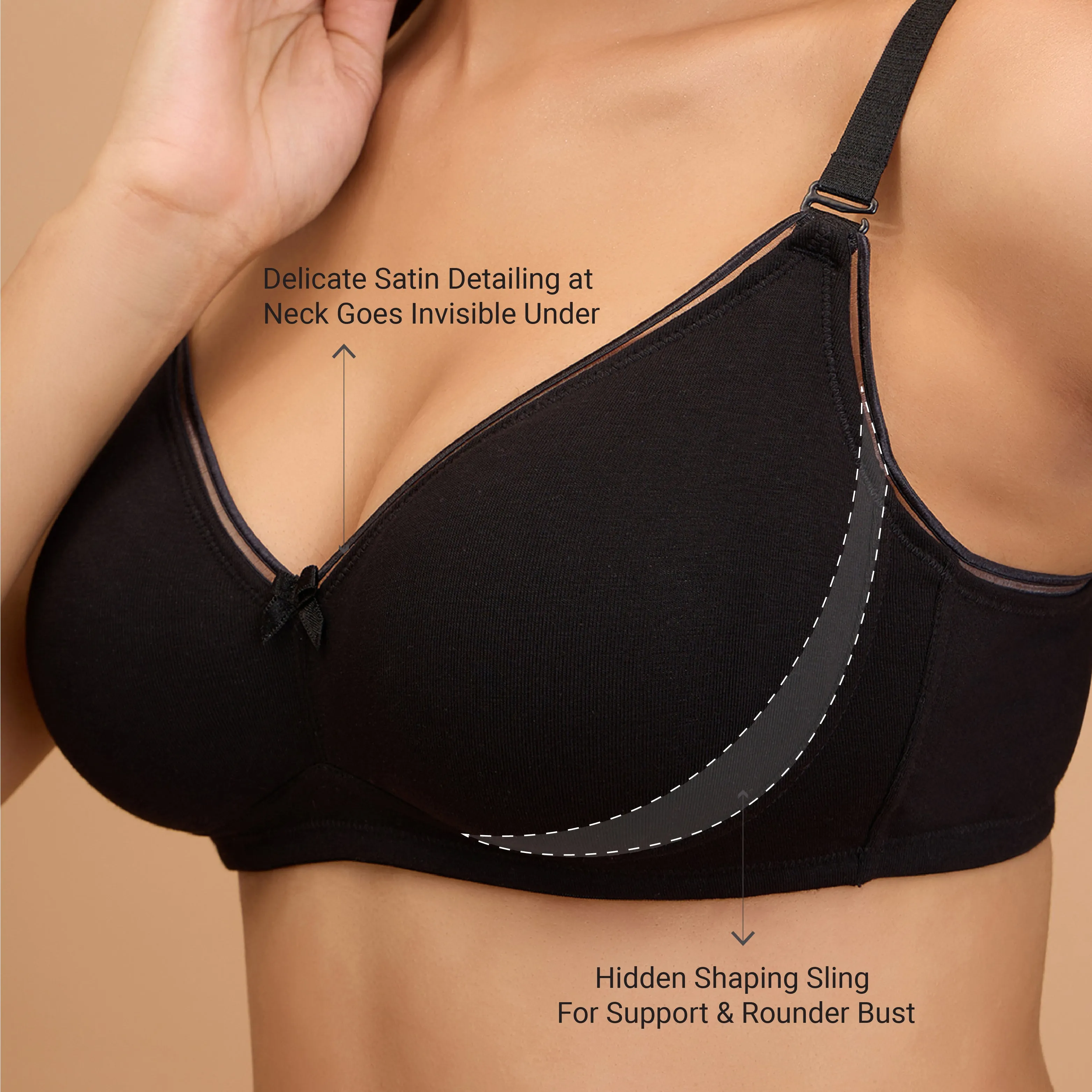 Cotton Deep Neck Non Padded Non Wired Bra with Low Back-NYB391-Black