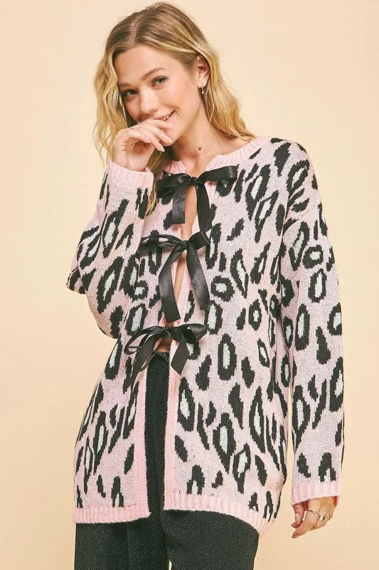 Davi & Dani Blush Pink Leopard Ribbon Tie Front Loose Fit Cardigan