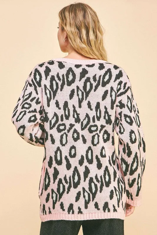 Davi & Dani Blush Pink Leopard Ribbon Tie Front Loose Fit Cardigan