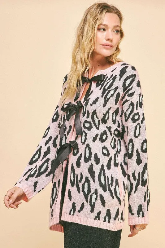 Davi & Dani Blush Pink Leopard Ribbon Tie Front Loose Fit Cardigan