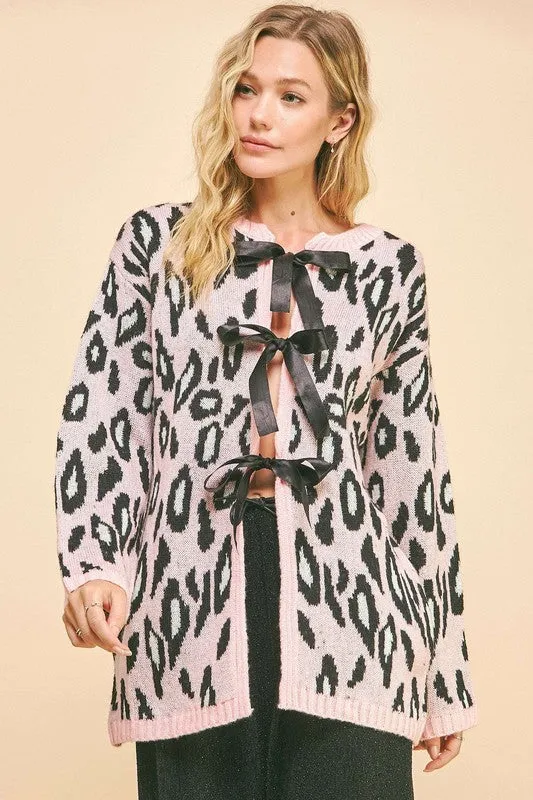 Davi & Dani Blush Pink Leopard Ribbon Tie Front Loose Fit Cardigan