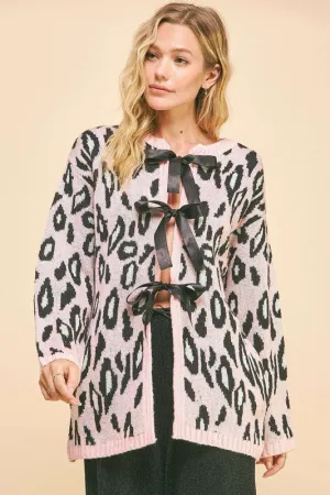 Davi & Dani Blush Pink Leopard Ribbon Tie Front Loose Fit Cardigan