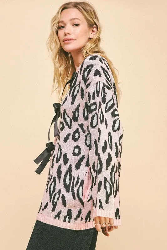 Davi & Dani Blush Pink Leopard Ribbon Tie Front Loose Fit Cardigan