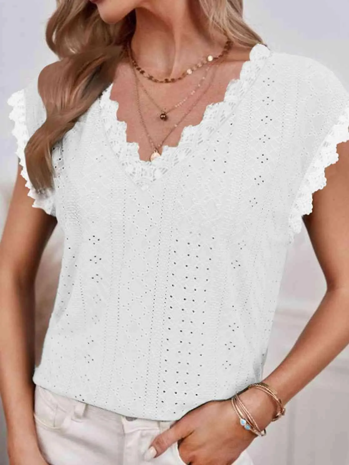 Delicate Appeal V-Neck Short Sleeve Eyelet Blouse