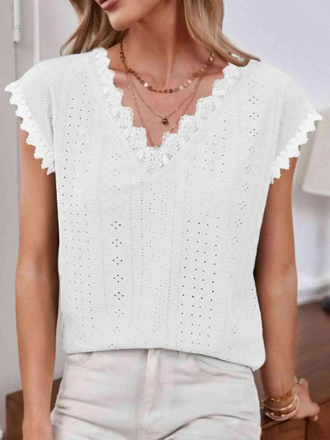 Delicate Appeal V-Neck Short Sleeve Eyelet Blouse