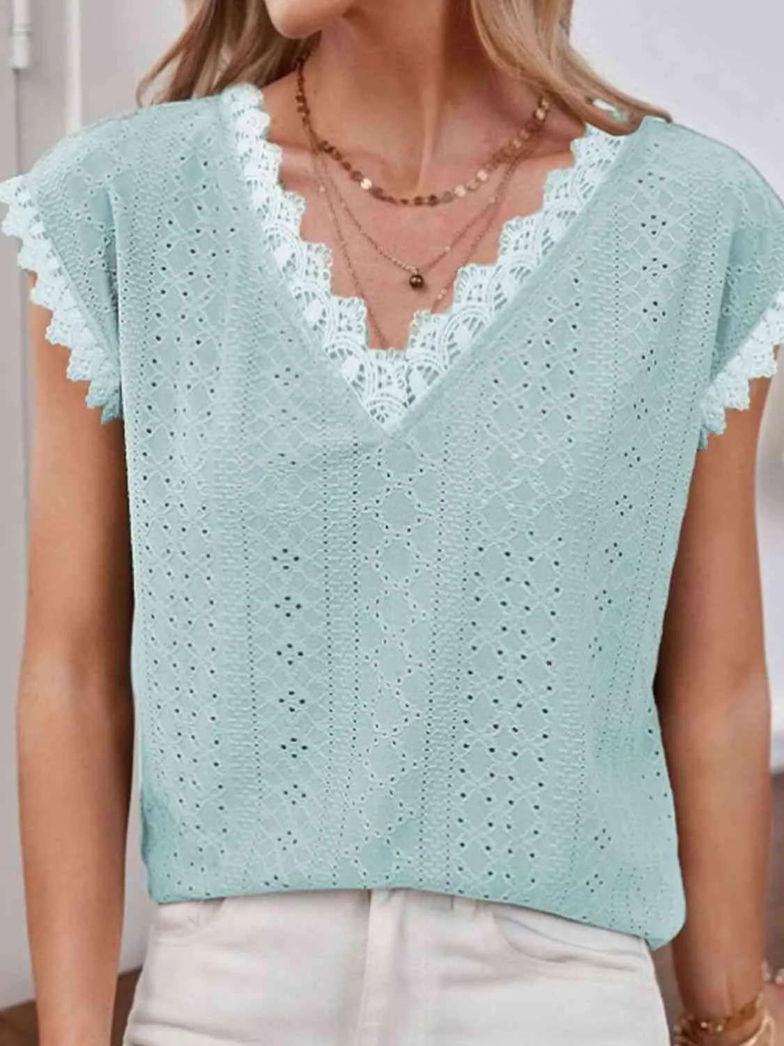 Delicate Appeal V-Neck Short Sleeve Eyelet Blouse