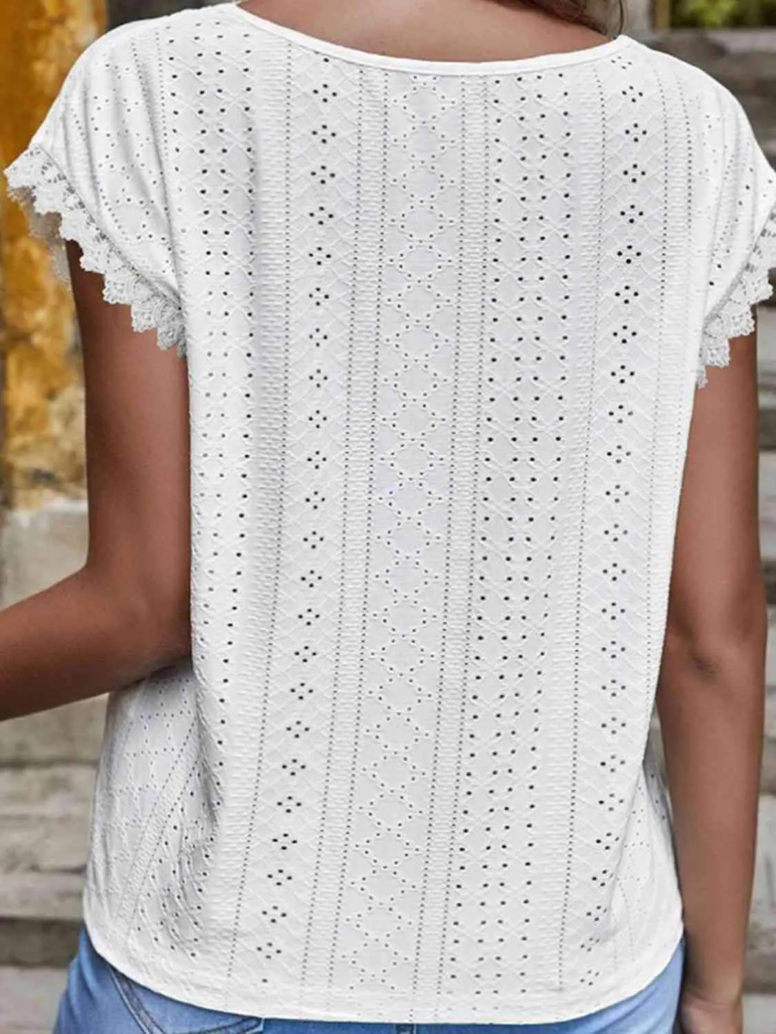 Delicate Appeal V-Neck Short Sleeve Eyelet Blouse