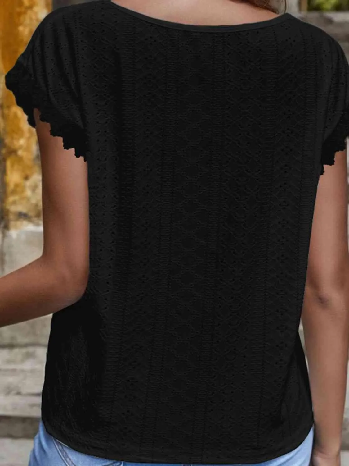Delicate Appeal V-Neck Short Sleeve Eyelet Blouse