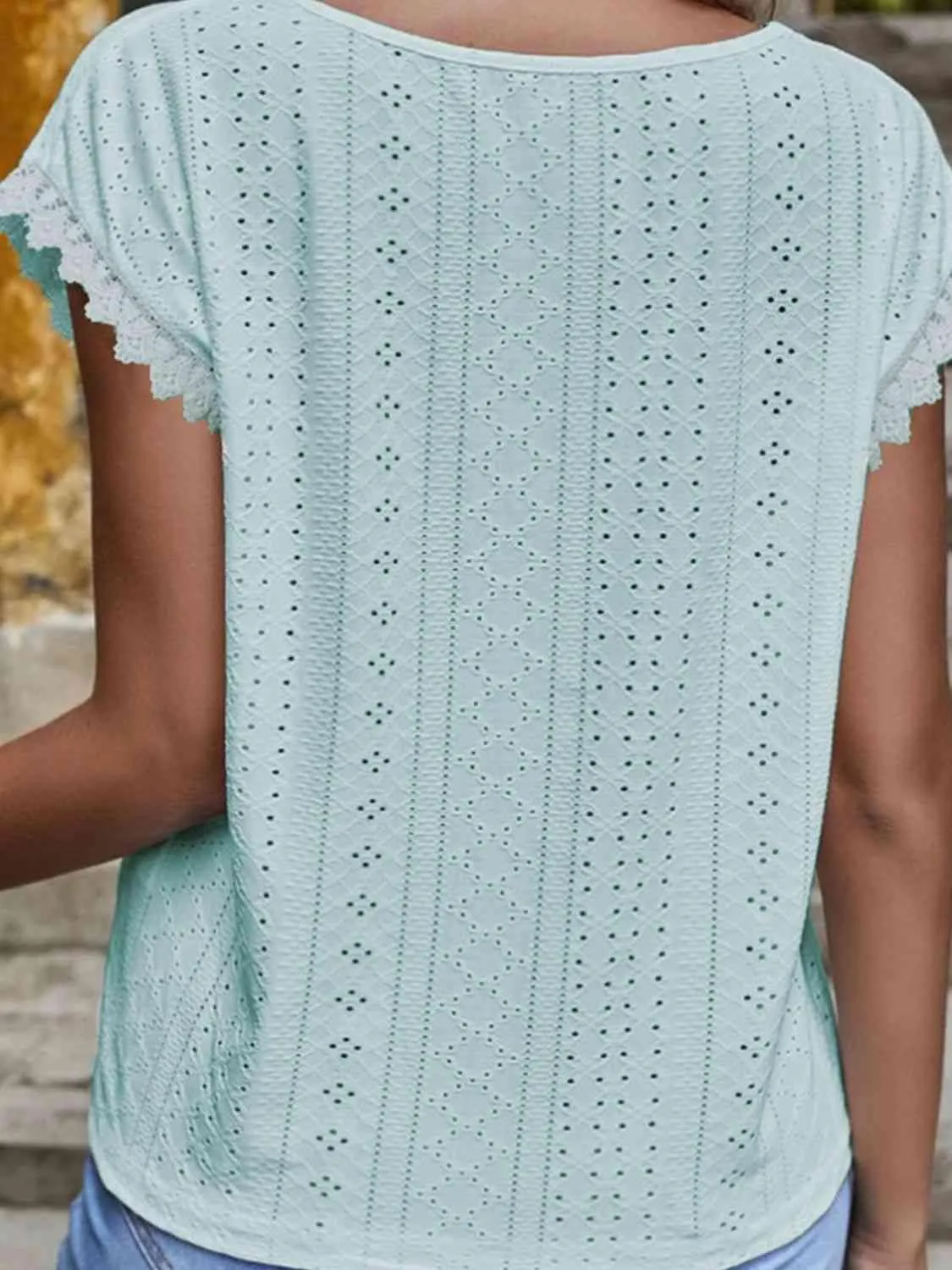 Delicate Appeal V-Neck Short Sleeve Eyelet Blouse