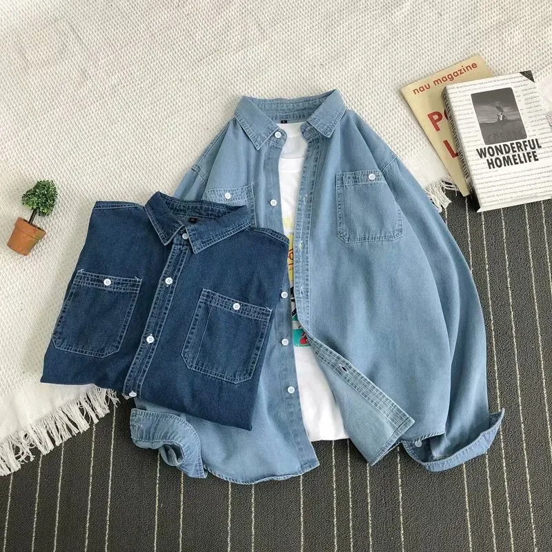 Denim Shirt Men Korean Trendy Stylish Long Sleeved All-Matching Student BF Couple Thin Men Shirt