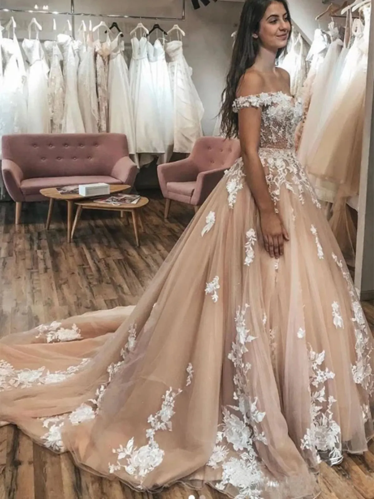 Elegant Long A-line Off the Shoulder Tulle Lace Graduation Prom Dresses