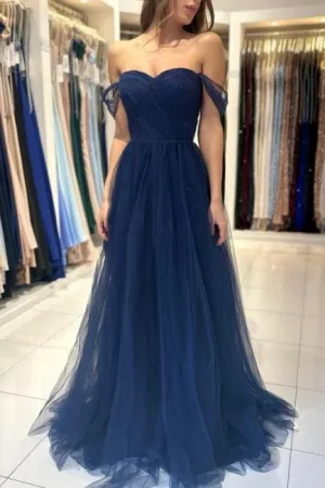 Elegant Long Navy Blue Off-the-shoulder A-line Sleeveless Prom Dresses