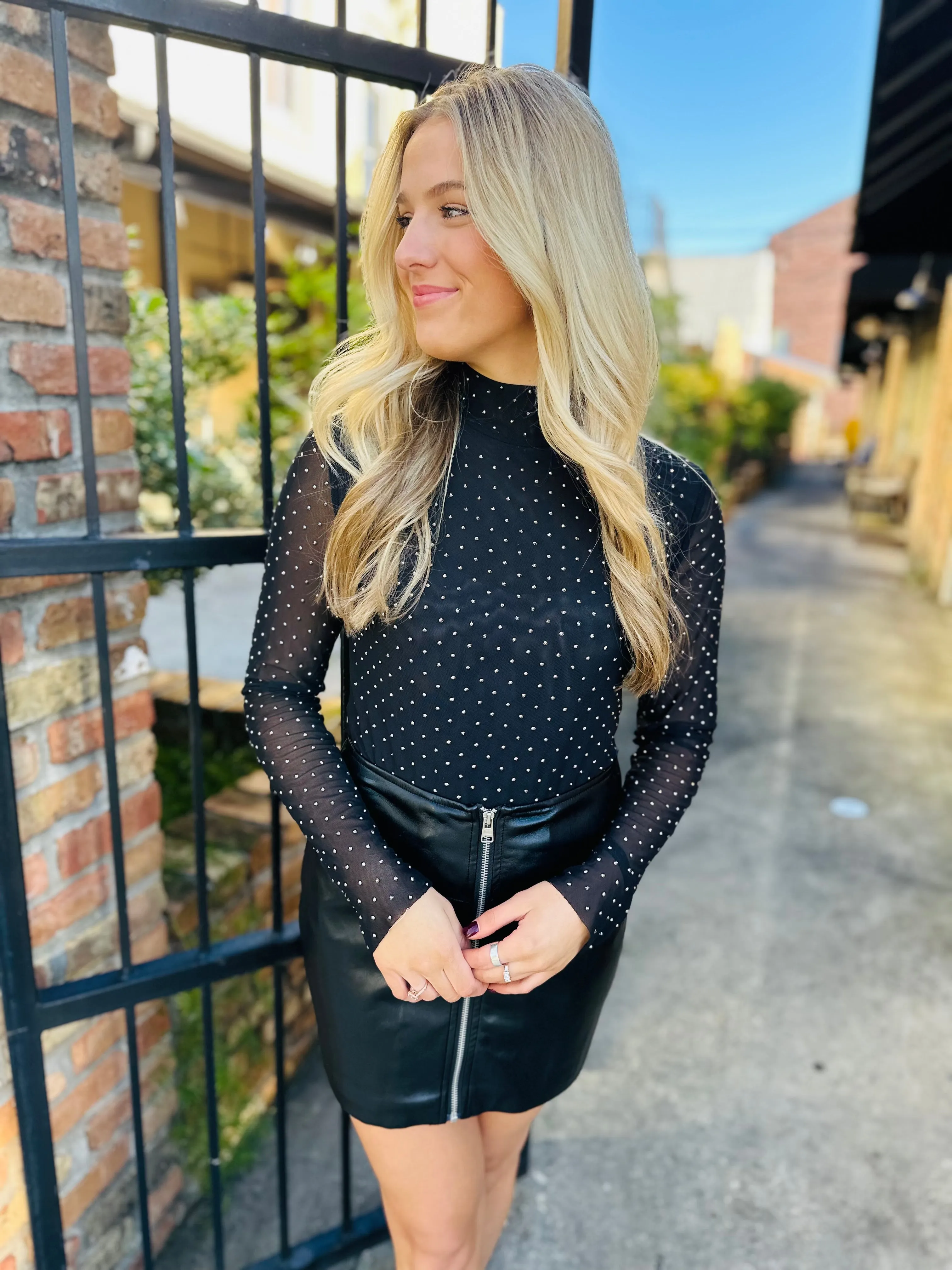 Embellished Mesh Mock Neck Top- Black