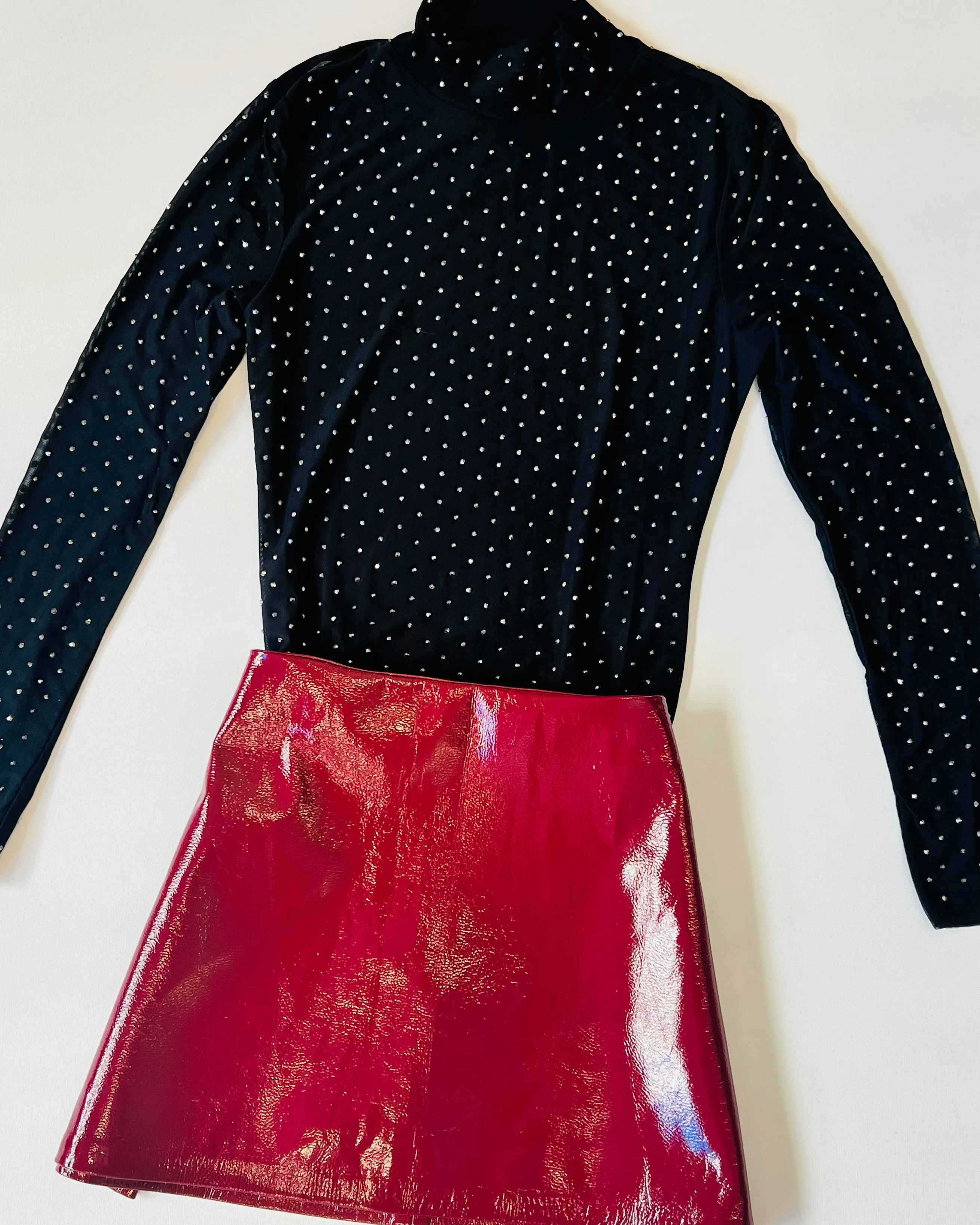 Embellished Mesh Mock Neck Top- Black