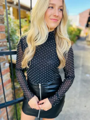 Embellished Mesh Mock Neck Top- Black