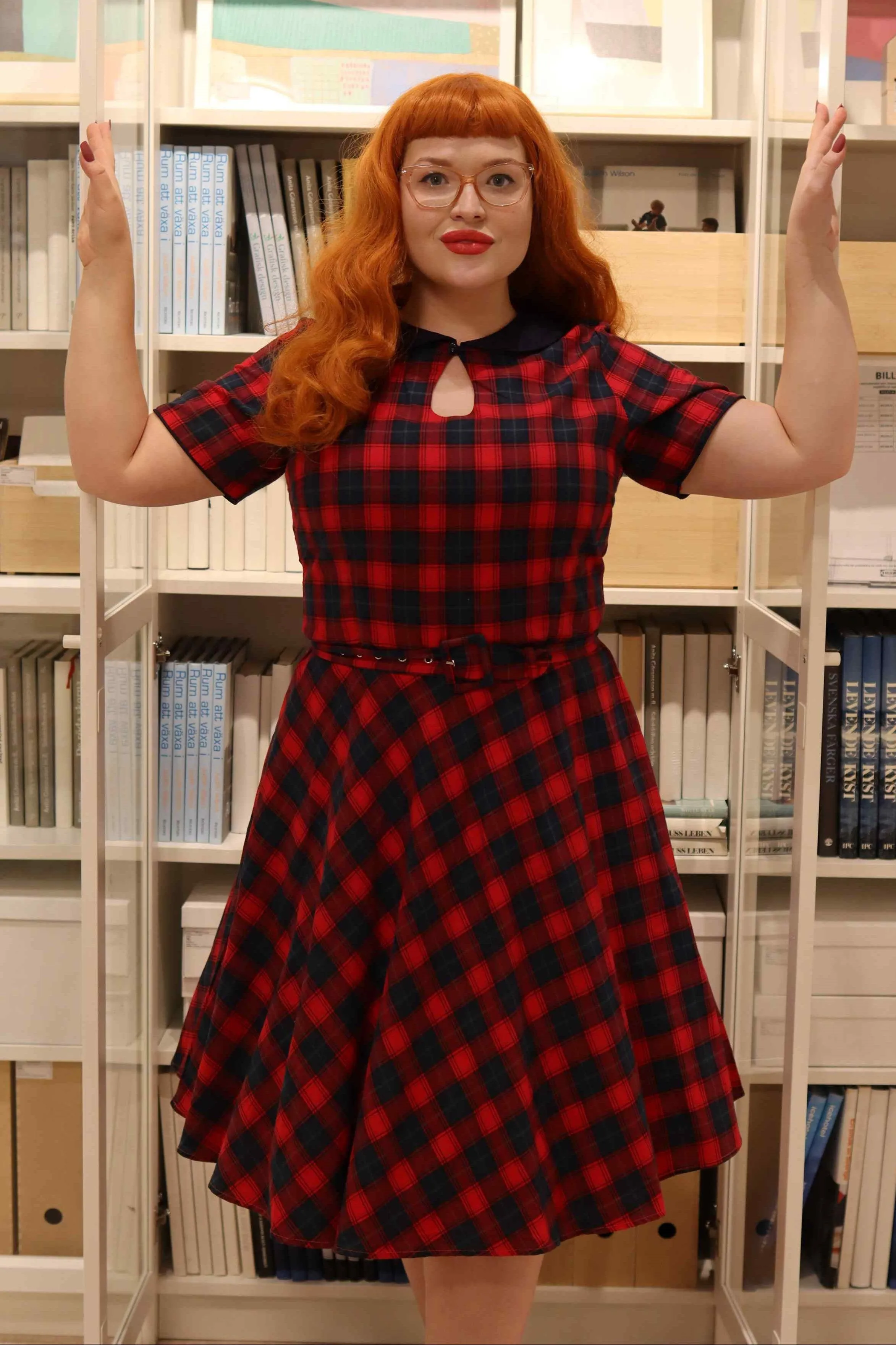 Evelyn Retro Check Swing Dress in Red