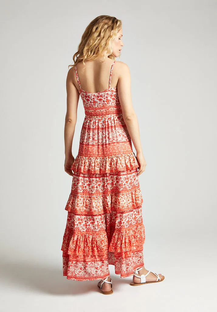 Feifei Ruffle Tiered Floral Printed Maxi Dress In Orange